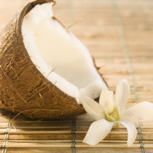 Half Coconut and Flower on Bamboo Mat